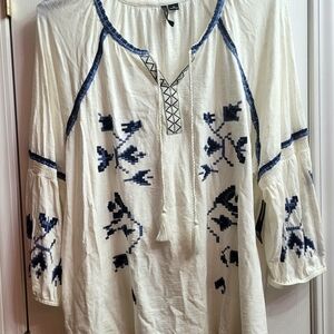 new directions White Peasant Blouse with Navy Embroidery